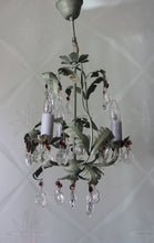 Load image into Gallery viewer, Sold Pretty olive green 3 arm chandelier with wine &amp; clear crystals &amp; soft gold gilding detailing.
