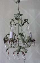 Load image into Gallery viewer, Sold Pretty olive green 3 arm chandelier with wine &amp; clear crystals &amp; soft gold gilding detailing.
