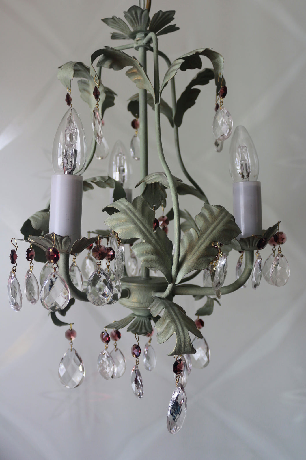 Sold Pretty olive green 3 arm chandelier with wine & clear crystals & soft gold gilding detailing.