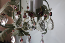 Load image into Gallery viewer, Sold Pretty olive green 3 arm chandelier with wine &amp; clear crystals &amp; soft gold gilding detailing.
