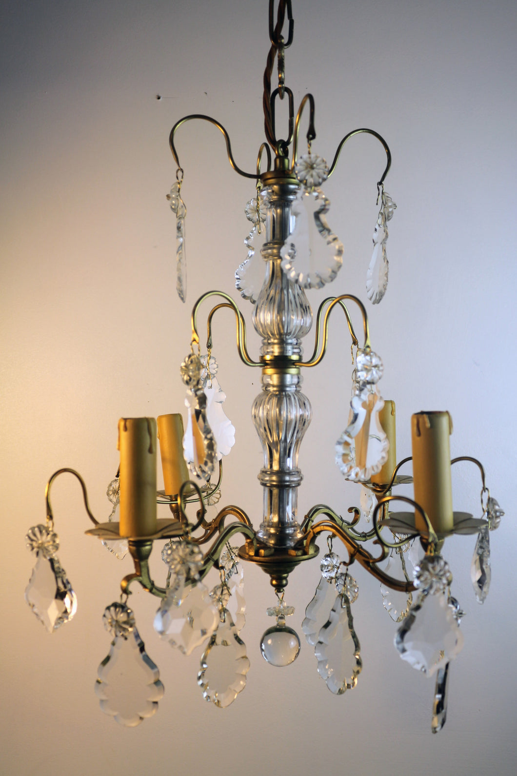 SOLD - French Louis XVI Style Brass and Cut Crystal Chandelier