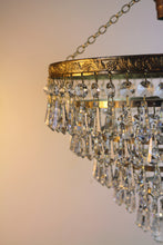 Load image into Gallery viewer, SOLD - Stunning Vintage 5 Tier Chandelier - A beautiful leaf patterned brass frame chandelier with an abundance of button &amp;  bomb vintage crystals.

