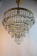 Load image into Gallery viewer, SOLD - Stunning Vintage 5 Tier Chandelier - A beautiful leaf patterned brass frame chandelier with an abundance of button &amp;  bomb vintage crystals.
