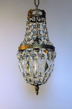 Load image into Gallery viewer, Empire Chandelier. Vintage crystal Light With Elegant Art Nouveau detailed brass frame. Complete with original ornate ceiling rose.
