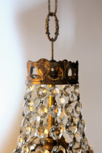 Load image into Gallery viewer, Empire Chandelier. Vintage crystal Light With Elegant Art Nouveau detailed brass frame. Complete with original ornate ceiling rose.
