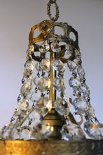 Load image into Gallery viewer, Empire Chandelier. Vintage crystal Light With Elegant Art Nouveau detailed brass frame. Complete with original ornate ceiling rose.
