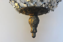 Load image into Gallery viewer, Empire Chandelier. Vintage crystal Light With Elegant Art Nouveau detailed brass frame. Complete with original ornate ceiling rose.
