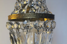 Load image into Gallery viewer, Empire Chandelier. Vintage crystal Light With Elegant Art Nouveau detailed brass frame. Complete with original ornate ceiling rose.
