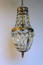 Load image into Gallery viewer, Empire Chandelier. Vintage crystal Light With Elegant Art Nouveau detailed brass frame. Complete with original ornate ceiling rose.
