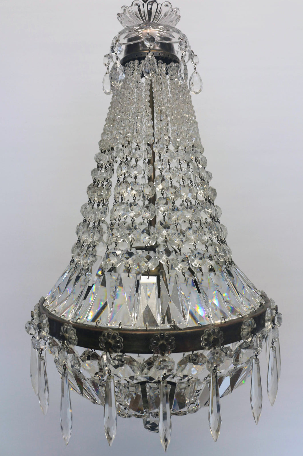 Antique Basket Chandelier - A beautifully patinaed metal framed chandelier with an abundance of crystals.