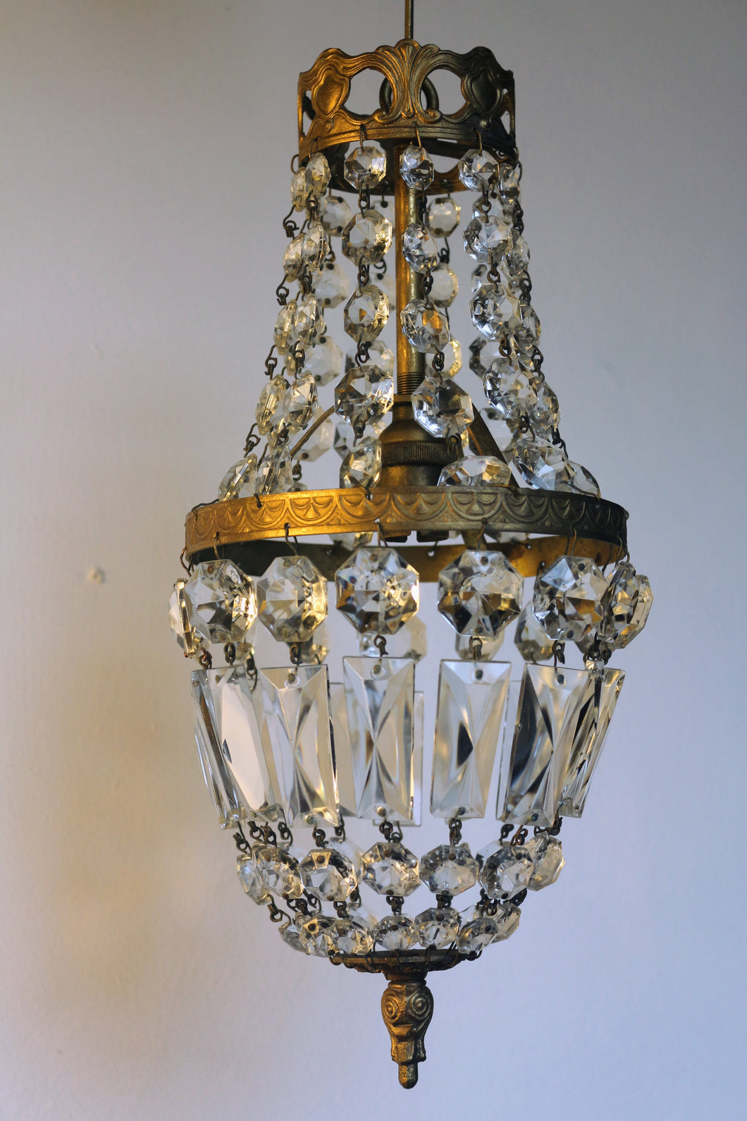 Empire Chandelier. Vintage crystal Light With Elegant Art Nouveau detailed brass frame. Complete with original ornate ceiling rose.