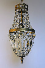 Load image into Gallery viewer, Empire Chandelier. Vintage crystal Light With Elegant Art Nouveau detailed brass frame. Complete with original ornate ceiling rose.
