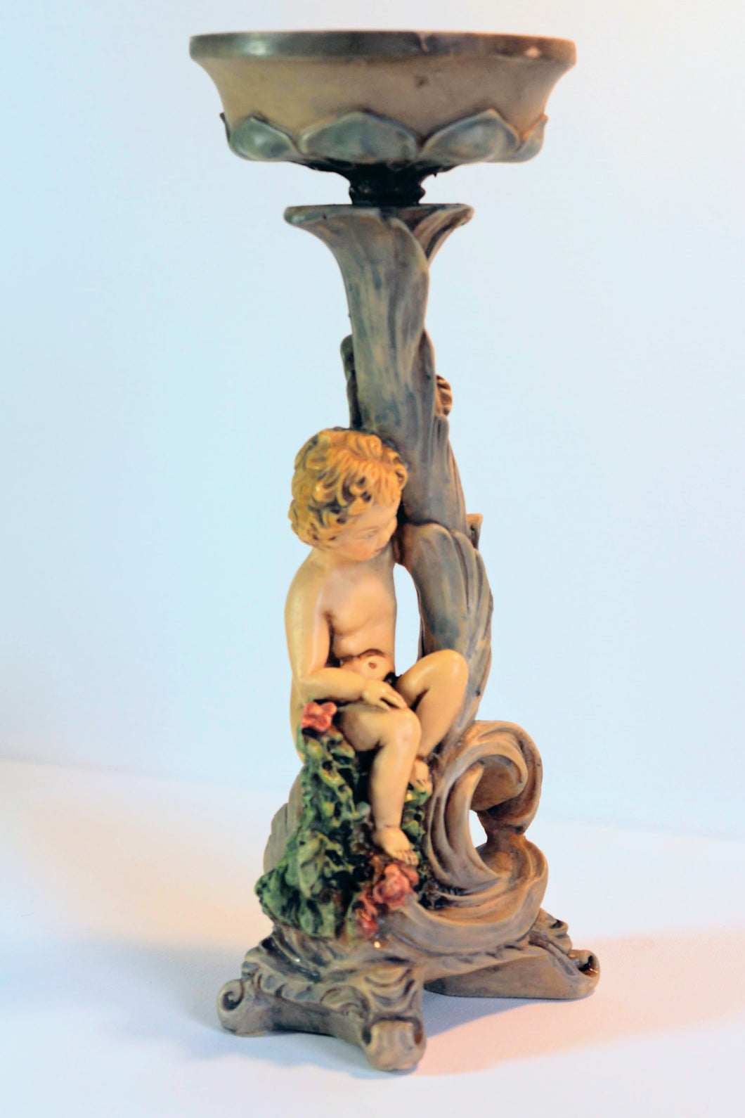 Sold Vintage Cherub Candle Holder, Hand Painted Resin Cherub Candle Holder