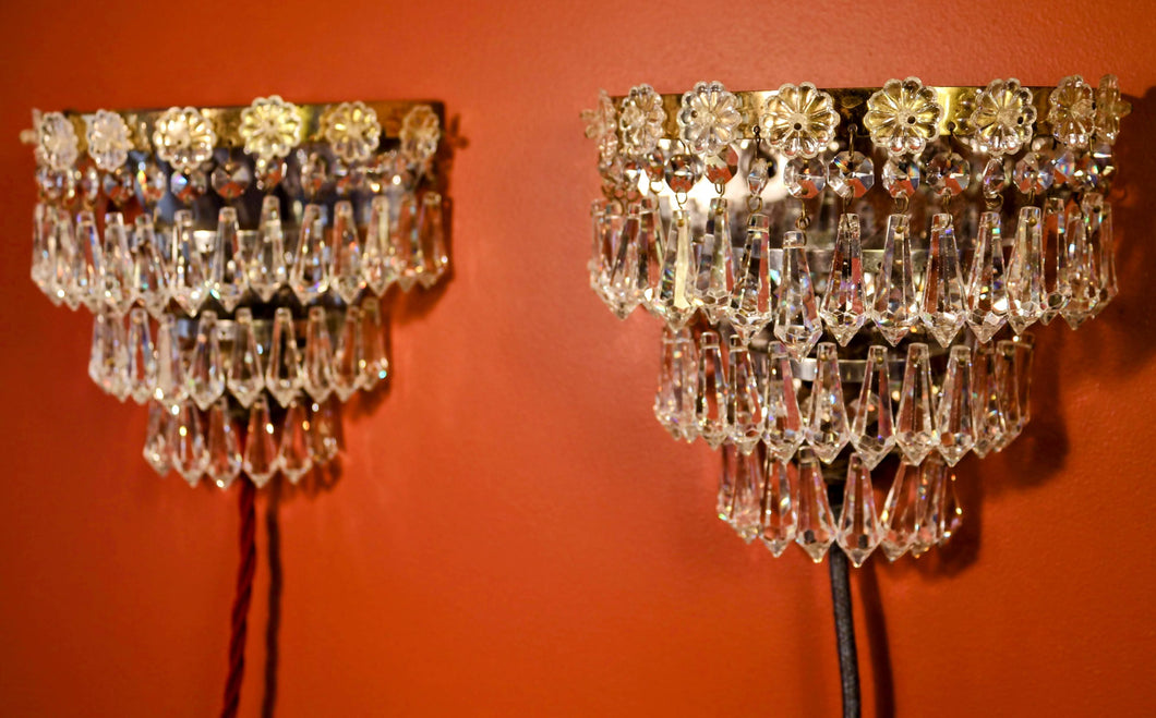 SOLD -Pair of Vintage Wall Lights with a Brass & Glass Flower Detail