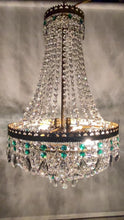 Load and play video in Gallery viewer, SOLD Vintage tent chandelier with an abundance of emerald green, smokey pear drops &amp; clear octagon crystals
