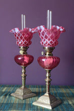 Load image into Gallery viewer, Pair of French Cranberry Guardard Oil Lamps
