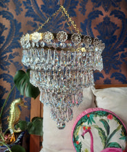 Load image into Gallery viewer, SOLD Stunning 4 Tier Crystal Prism Waterfall Chandelier with Crystal Rose Detailing.

