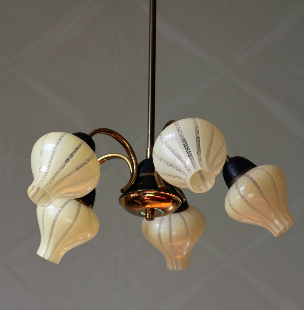 SOLD - 1950's Vintage 5 Arm Chandelier with cute onion shaped glass shades.