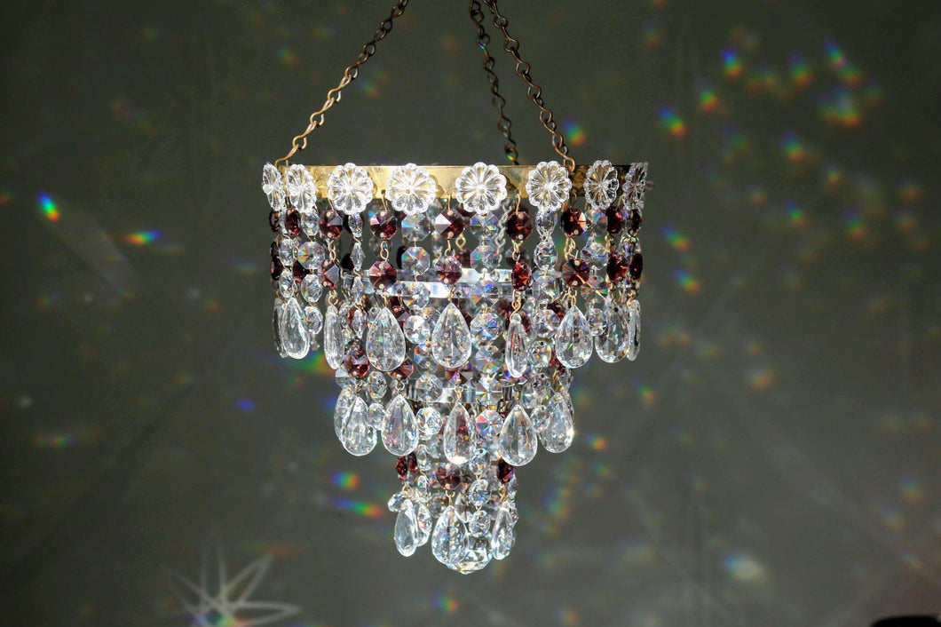 Sold out Vintage Three Tier Waterfall Chandelier with Wine/Purple Crystal detail.