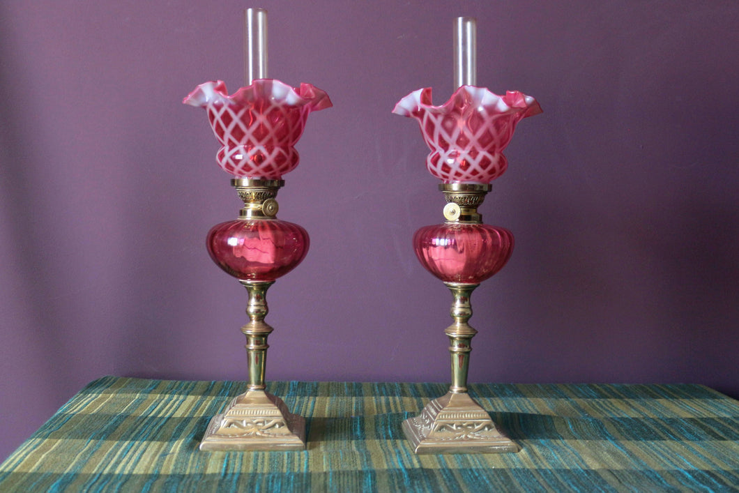 Pair of French Cranberry Guardard Oil Lamps