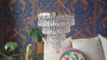 Load and play video in Gallery viewer, SOLD Stunning 4 Tier Crystal Prism Waterfall Chandelier with Crystal Rose Detailing.
