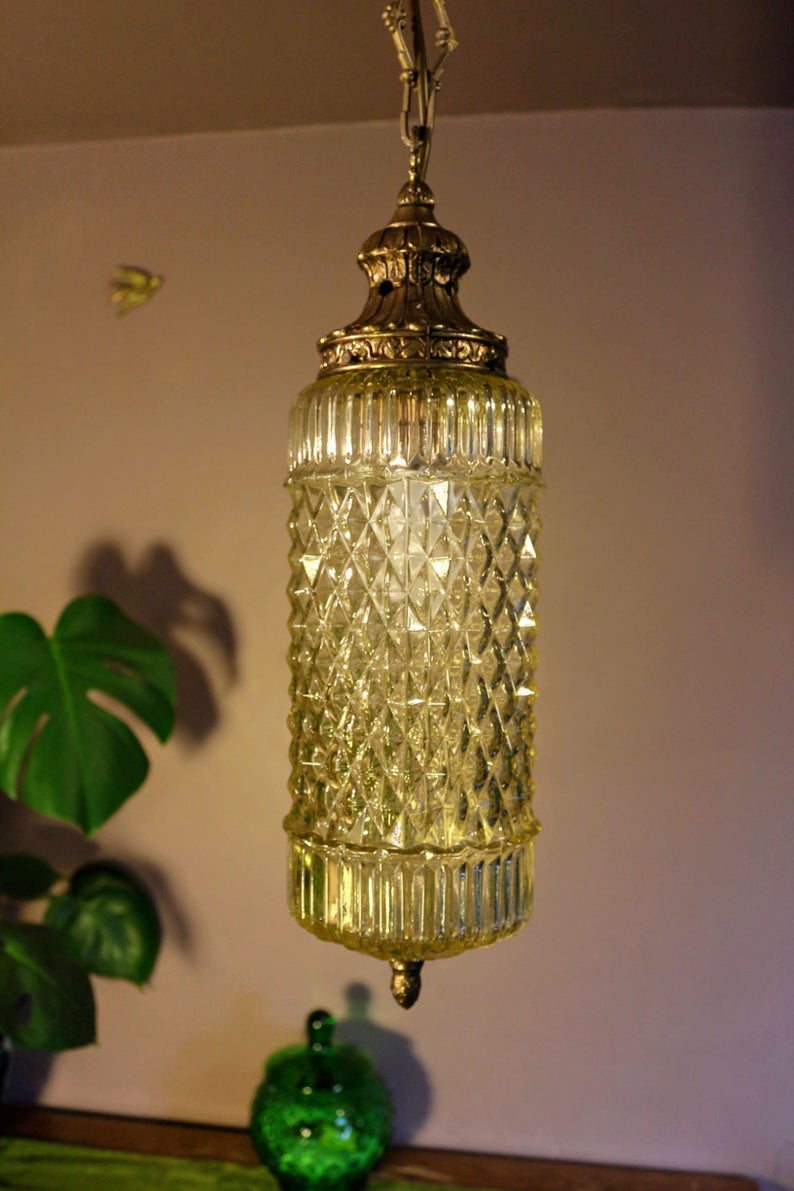 SOLD - Retro 60's vintage ornate gold glass swag lamp